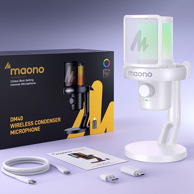 MAONO Wireless Gaming Microphone, USB Condenser Mic with Software, Noise Cancellation, AI Voice Changer, RGB Lights, Mute, Gain for Streaming Recording Podcast Computer PC Laptop, DM40 White