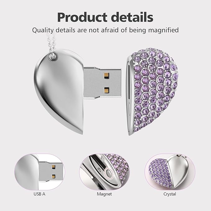 USB 2.0 Flash Drive,Cute Romantic Heart Shape USB Memory Stick,Thumb Drive for Photos, Music, Files Storage (Purple, 32, GB)