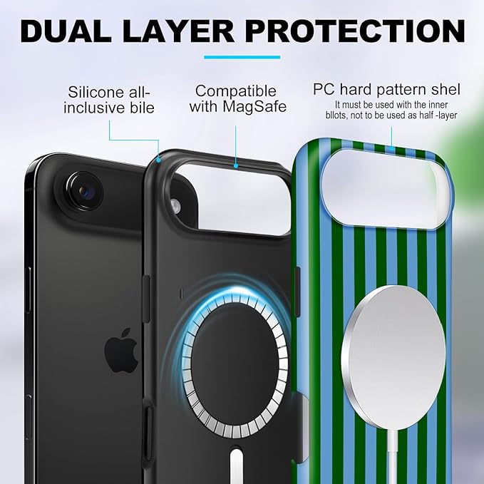 Magnetic for iPhone 17 Air Case Cute Stripes Phone Case, Shockproof Slim TPU and Hard PC Protective Phone Cover Compatible with MagSafe Designed for Women Girls, Green and Blue