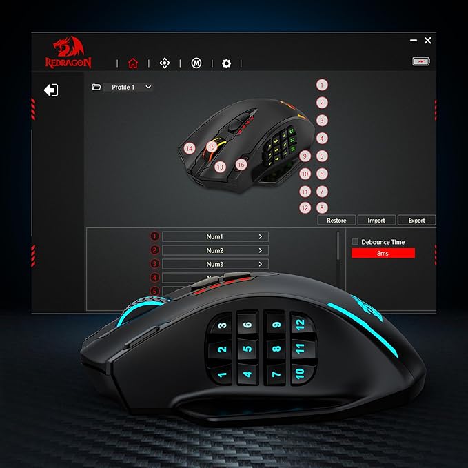 Redragon M913 MAX Wireless Gaming Mouse, 26000 DPI MMO Optical Mouse with 16 Programmable Buttons, BT & 2.4G Wireless, Software Supports DIY Keybinds
