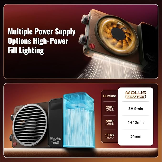 ZHIYUN MOLUS X100 RGB PRO V2 100W Full Color Portable RGB Video Light Continuous Output Lighting with PD Fast Charging,CRI 95+, APP Control 384g for Youtuber Tiktok