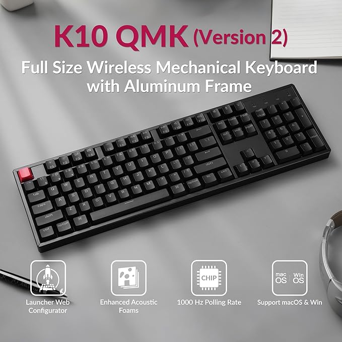 Keychron K10 QMK Bluetooth Wireless/Wired Mechanical Keyboard, Full-Size Layout Hot-Swappable Gaming Keyboard with Keychron Super Red Switch, RGB Backlit, Aluminum Frame for Mac/Windows-Version 2