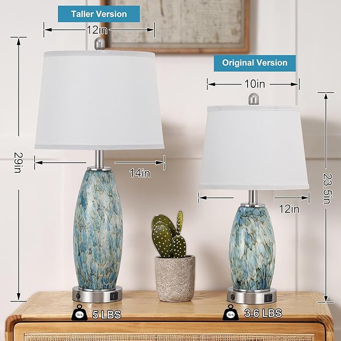 29" Tall Table Lamps Set of 2, Large Modern Lamps for Bedroom with Nightlight, Coastal Bedside Lamps with USB C+A, Glass Nightstand Table Lamps for Living Room, Bulbs Included