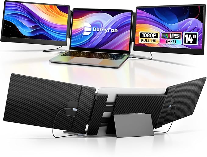 domyfan 14" Laptop Screen Extender, S3 FHD 1080P IPS Triple Portable Monitor Laptop, HDMI/USB-A/Type-C Compatible with Windows/Mac/Android