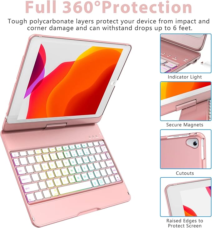 MMK for iPad 6th Generation Case with Keyboard | Compatible with iPad 5th Gen (2017) & iPad Air (1st, 2th Gen | 2013, 2014) & iPad Pro 9.7 inch (2016) | 10 Color Backlight & 360 Rotation-Rose Gold