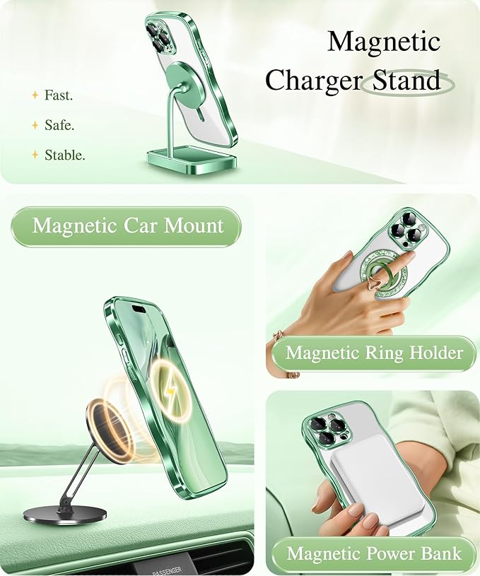 GVIEWIN for iPhone 16 Pro Case Compatible with MagSafe, Upgraded [Full Camera Protection][Cute Wave Frame][Military Grade Protection] Electroplated Soft Phone Cover for Women Girl, Clear/Green