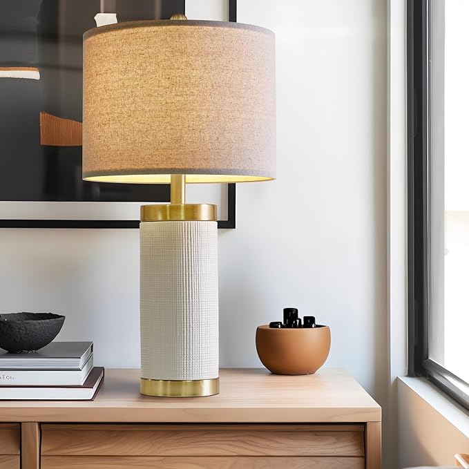 USumkky 24.5" Modern Ceramic White Bedside Lamp for Bedroom Decor Farmhouse Table Lamp for Living Room Office Dorm