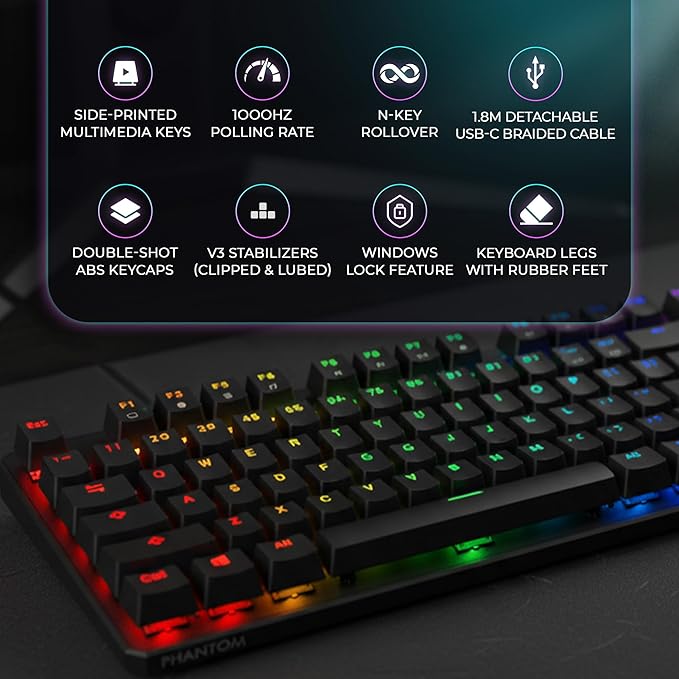 TECWARE Phantom+ 87 Mechanical Gaming Keyboard | RGB LED Backlit | Hot Swappable Wraith Brown Switches | 87 Key TKL Layout | Thocky Sound Profile | Detachable USB-C Wired | Black