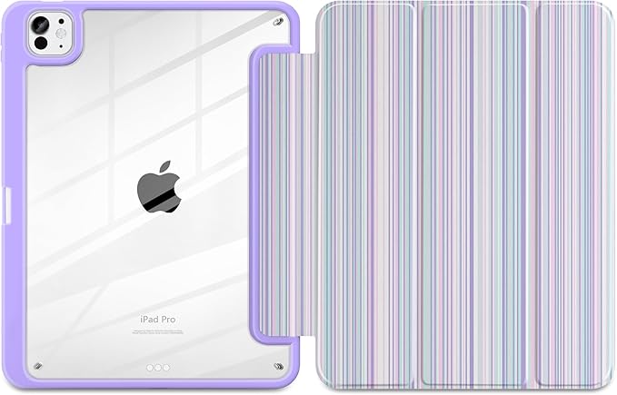 TWOLSKOO Case for iPad Pro 11-inch (M5 2025 / M4 2024), Clear Acrylic Back with TPU Bumper, Pencil Holder, Trifold Stand, Auto Sleep/Wake, Purple Stripes