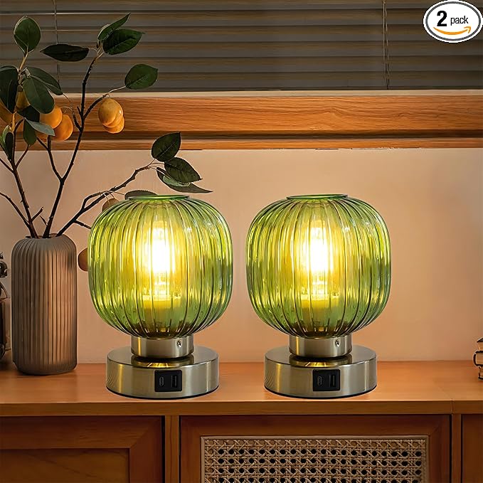 Elenhome Touch Control Small Table Lamp Set of 2, Elegant Green Glass Bedside Lamp 3 Way Dimmable with USB C+A Charging Ports - Bedroom Nightstand & Living Room Essential, 4W Bulb Included