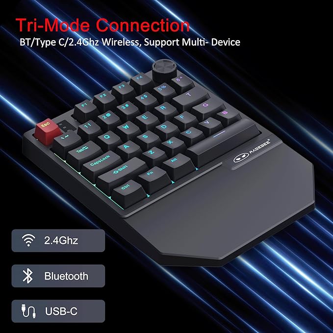 MageGee Wireless One Handed Gaming Keyboard, Tri-Mode BT/ 2.4Ghz RGB Backlit 34 Keys Mini Keyboard for Gamer, Red Switch, Wrist Rest Support(Black)