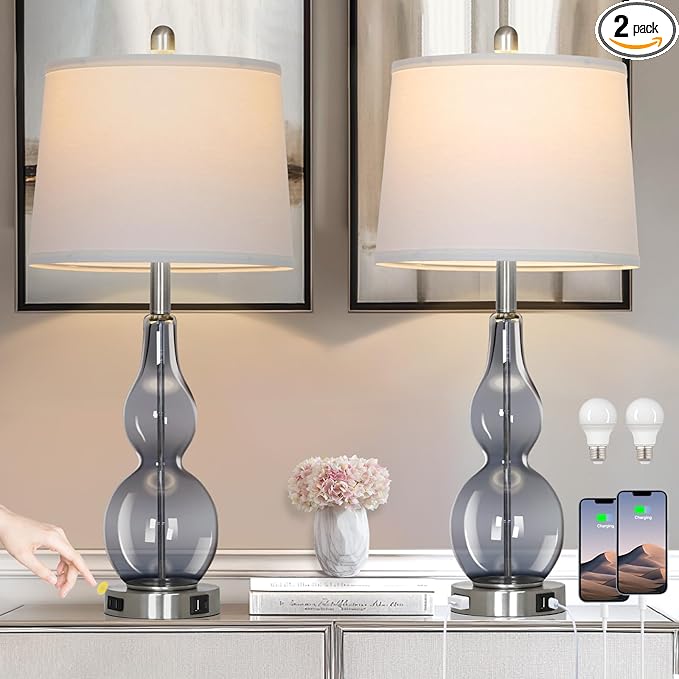 Rinweey 27.5" Gray Clear Glass Table Lamp Set of 2,3-Way Dimmable Touch Control Bedside Lamps with USB Ports and AC Outlet, Modern Nightstand Lamps for Bedroom Living Room