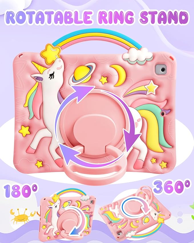 Boaretiu for iPad 6th/5th Generation Case 9.7 Inch - Cute Cartoon Unicorn Soft 3D Silicone for iPad Air 1st/2nd Case with Strap & Rotating Stand for Girls Teens Tablet Cover for i Pad Pro 9.7 Inch