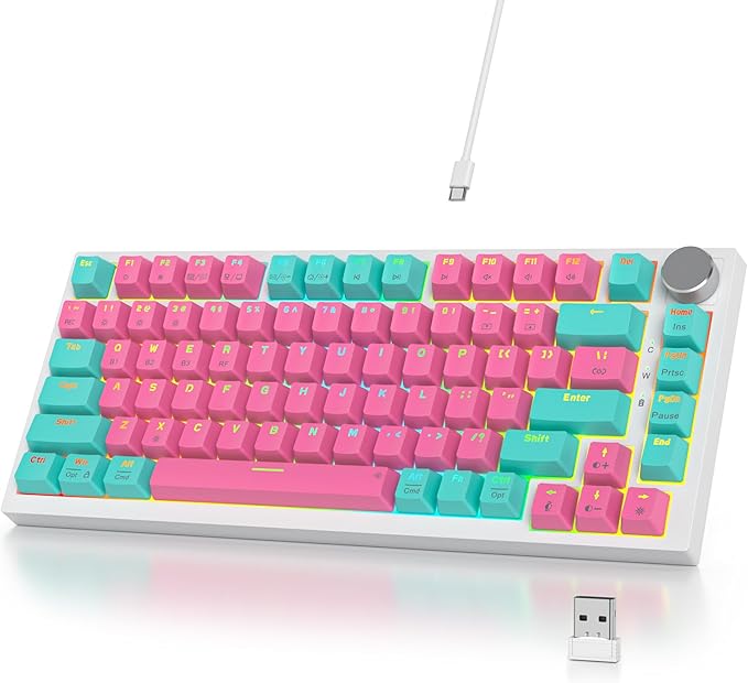 400PRO 75% Wireless Creamy Mechanical Keyboard Pink, Gasket Hot Swappable RGB Gaming Keyboard, Bluetooth/2.4GHz/USB-C Cute Keyboard with Pre-lubed Cream Grey Switches (82 Pink Cyan) ﻿