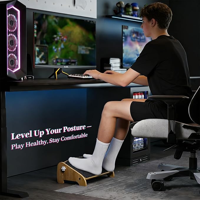 Foot Rest Under Desk, Bamboo Adjustable Footrest with 4 Angles, Ergonomic Foot Stool for Under Desk at Work, Office Non-Slip Desk Foot Rest with Massage Surface, Improves Posture