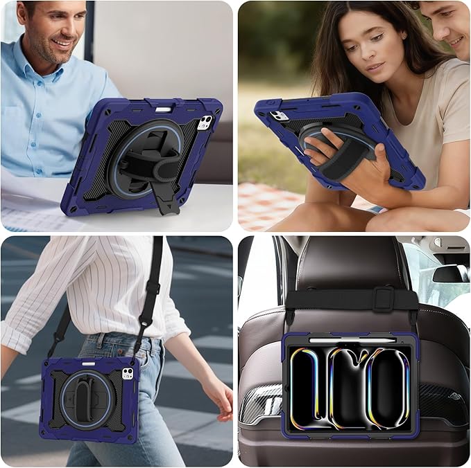 iPad Pro 11 Inch Case M5 2025/M4 2024, Heavy Duty Shockproof Protective Case with Screen Protector, 360° Rotating Stand Hand Strap Shoulder Strap Kids Cover Apple Pencil Holder