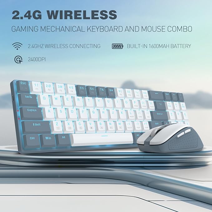 Redragon BS8773 Wireless Keyboard and Mouse Combo, 78 Keys 2.4Ghz Wireless Low-Profile Mechanical Red Switch Keyboard w/Slim Compact Design & Single Blue Backlit, Comfort Grip 2400 DPI Max Mouse