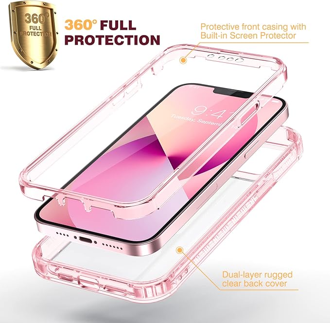 Diaclara Designed for iPhone 13 Case, Full Body Rugged with Built-in Touch Sensitive Anti-Scratch Screen Protector, Soft TPU Bumper Case for iPhone 13 6.1" (Clear Pink)