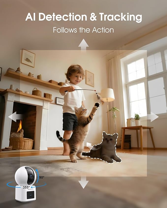ARCCTV 2-Pack Dual Lens Indoor Security Camera, 2.5K WiFi 6 Pet Camera for Home Security System, 4-View Whole Home Coverage, 360° AI Tracking, 5GHz/2.4GHz Dog Camera, Night Vision, Phone App