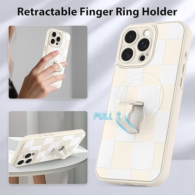 KANGHAR Compatible with iPhone 16 Pro Case, Support for MagSafe, Silicone Checkered Cute Pattern, Wristband Kickstand Camera Protection Soft Slim Cover for Girls Women -White