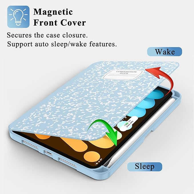 Supveco Case for iPad mini (A17 Pro) 2024 /iPad mini 6th Generation 2021 with Pencil Holder-[Auto Wake/Sleep],Slim Protective Case with Soft TPU Back Cover for iPad mini 8.3 Inch 2024/2021-Ice Blue