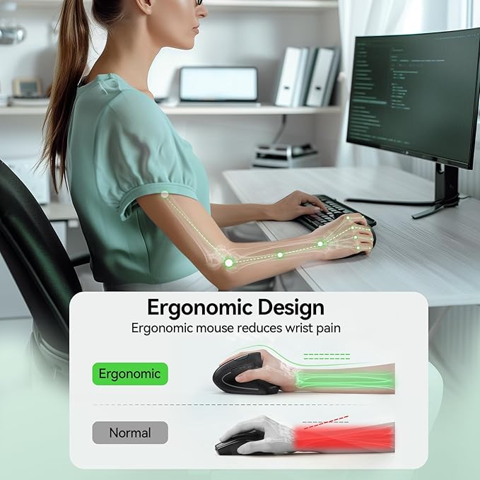 TECKNET Ergonomic Mouse, Rechargeable Vertical Ergo Mouse Wireless 800-4800 Levels 5 Adjustable DPI, Silent 2.4GHz Optical Carpal Tunnel Mouse for Right Hand, USB Wireless Mice for Laptop, PC