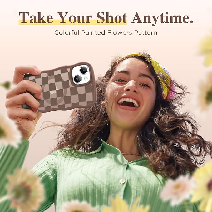 GVIEWIN Cute for iPhone 14 Case & iPhone 13 Case [Compatible with MagSafe] [Curly Wave Edge] Floral Translucent Magnetic Shockproof Protective Phone Cover for iPhone 14/13 6.1'', Grids/Brown