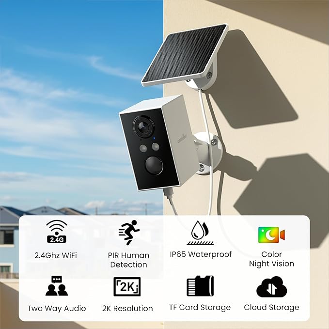 wansview Cameras for Home Security-2K WiFi 6 Outdoor Camera Wireless with Solar/Battery Powered and Color Night Vision, AI Motion Detection, IP65 Waterproof, 2.4GHz WiFi Only, Alexa, A1 1P White