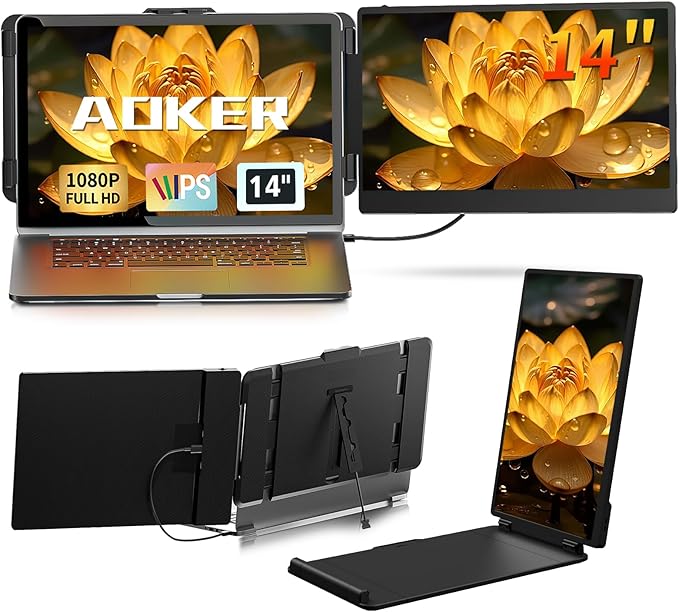 Laptop Screen Extender Monitor - 14 Inch Portable IPS FHD 1080P HDMI/USB-A/Type-C Dual Extended Monitor for Laptops (Maximum Length: 15.94") Compatible with Windows Mac Travel Gaming Work