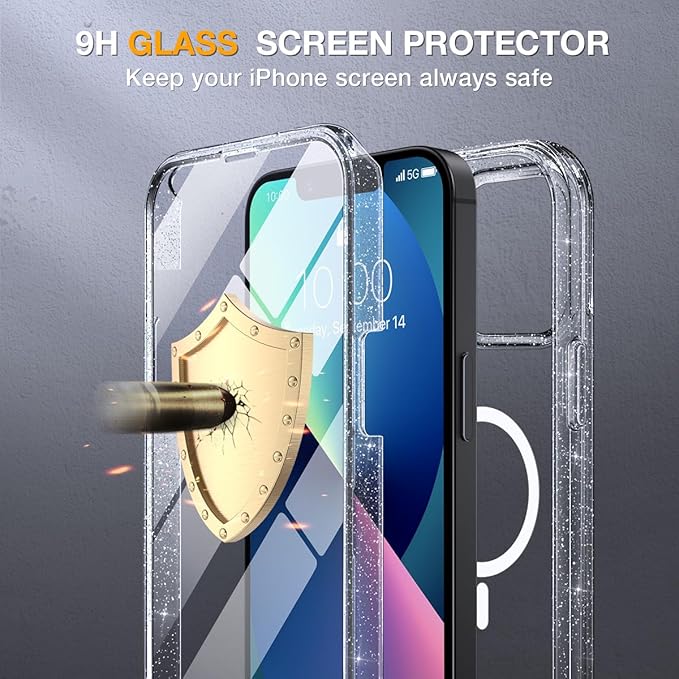 Miracase for iPhone 13 Case 6.1'', [Bubble Free] Full-Body Bumper Phone case with Built-in Full Glass Screen,No Gap,Compatible with MagSafe,Drop Proof 13 Cover,Clear Glitter