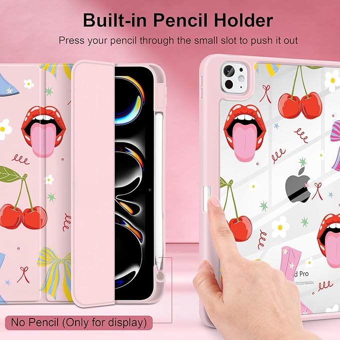 Case for iPad Pro 13 Inch (M5 2025 M4 2024) – [Built-in Pencil Holder], Shockproof & Stylish, Clear Hard Back + Soft TPU Edge, Magnetic Trifold Stand, Auto Wake/Sleep, Cherry & Lip