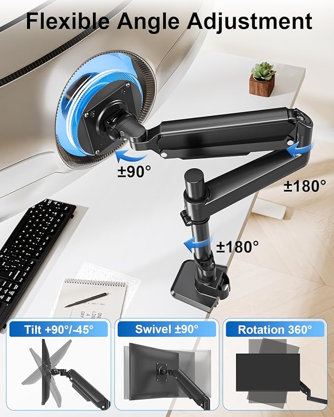 Heavy Duty Single Monitor Mount for Max 49 inch, Hold 7.7 to 44 lbs Ultrawide Screens, Premium Monitor Arm for Samsung Odyssey G9 and More, Adjustable Gas Spring Desk Stand, VESA Mount