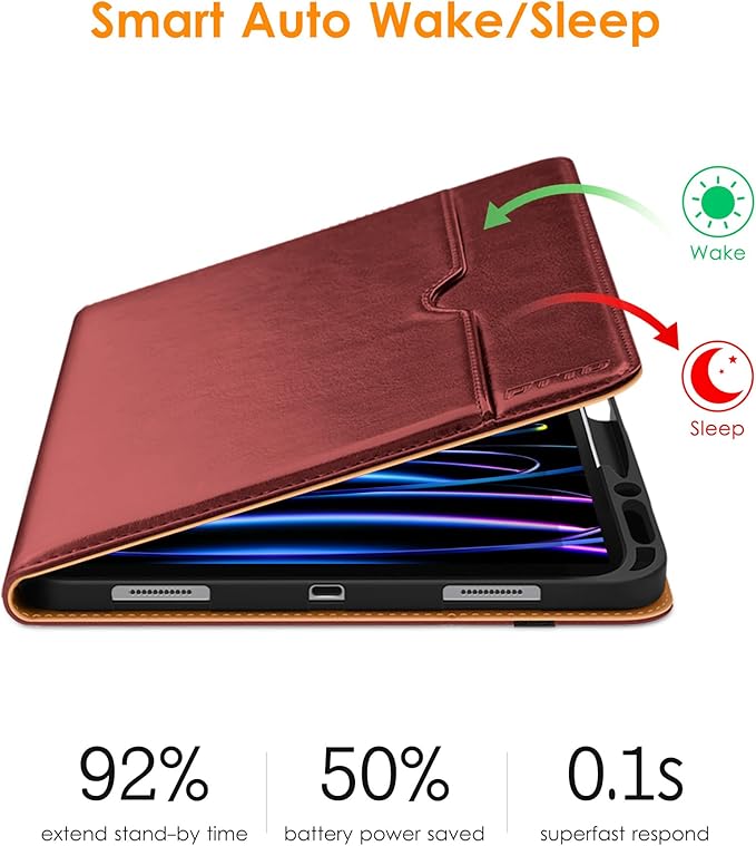 DTTO for iPad Pro 12.9 6th / 5th / 4th / 3rd Generation Case 2022/2021/2020/2018, Leather Folio Stand Cover with Built-in Apple Pencil Holder -Auto Wake/Sleep and Multi Viewing Angles, Burgundy Red