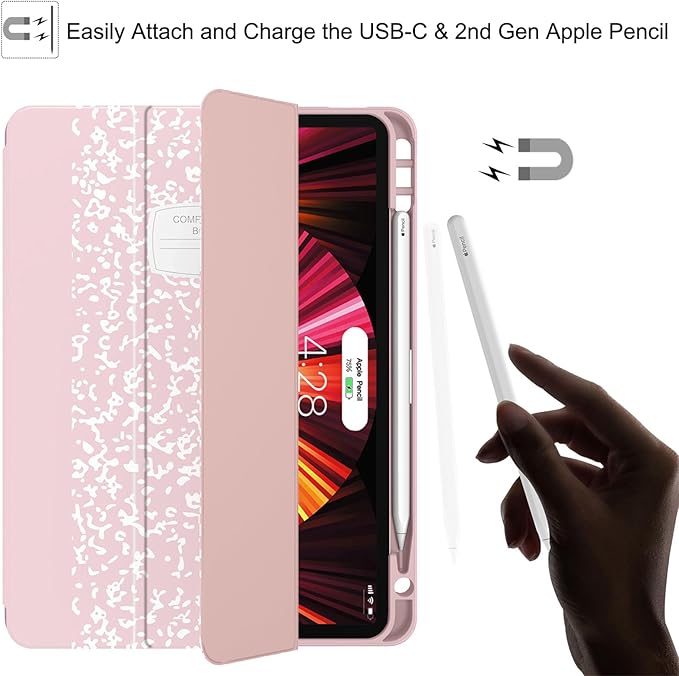 Soke for iPad Pro 11 Case (M2) 2022/2021/2020 with Pencil Holder - [Full Body Protection + Apple Pencil Charging + Auto Wake/Sleep], Soft TPU Back Cover for 2022 iPad Pro 11 inch(Book Pink)