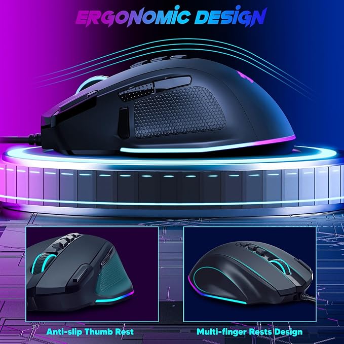 Redragon Wired Gaming Mouse, RGB Backlit Ergonomic Gamer Mouse Up to 8000 DPI, 11 Programmable Buttons & 7 Backlit Modes, Extra Sniper Button, Mouse Gamer for Windows PC Gamers, M614
