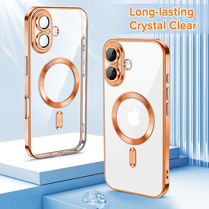 Hython Magnetic Clear for iPhone 17 Case with Camera Lens Protector [Compatible with MagSafe] Luxury Plating Edge Slim Soft TPU Cover Protective Phone Case for iPhone 17 6.3", Orange