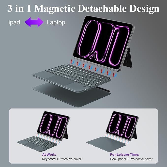 WIWU iPad Pro 13 inch Keyboard Case M4/M5 2024/2025 Magnetic Detachable 3 in 1 Bluetooth Case Keyboard Adjustable Stand 7 Colors Backlit Keys with Touchpad (Grey, iPad Pro 13"(M4/M5 2024/2025))