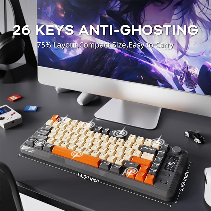 FREEWOLF M75 Wireless Gaming Keyboard Mechanical Feel Membrane with Knob & OLED Display Bluetooth/2.4Ghz Rainbow Backlit Gradient PBT Keycaps 2000mAH Battery Anti-Ghosting-Dark Grey