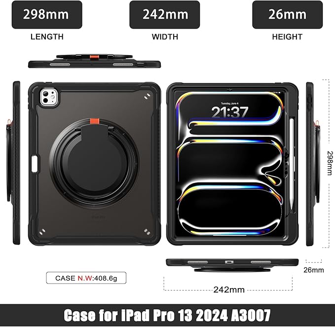 Batianda for iPad Pro 13 inch Case 2025 M5 2024 M4 Chip Lightweight Dual-Layer Protective Tablet Cover, Durable Shock-Absorbing Corners with 360° Rotating Kickstand Ring Built-in Pen Slot, All Black