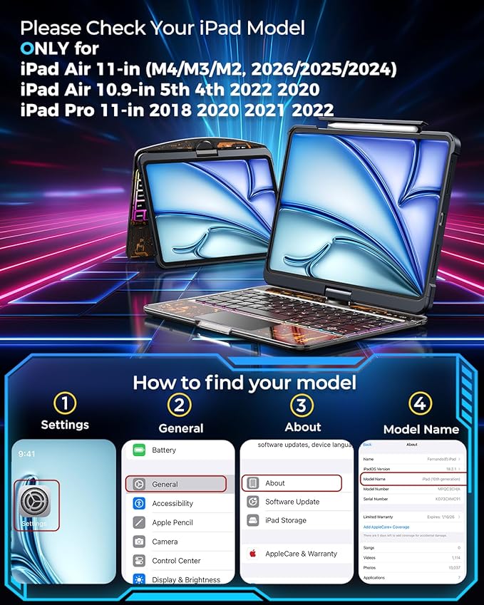SIBEITU Keyboard Case for iPad Air 11-inch M4/M3/M2 (2026/2025/2024) & iPad Pro 11-inch 4th 3rd 2nd 1st Gen, 7-Color Backlit, Multi-Touch Trackpad, 360°Rotatable for 10.9" iPad Air 4th/5th Gen, Black