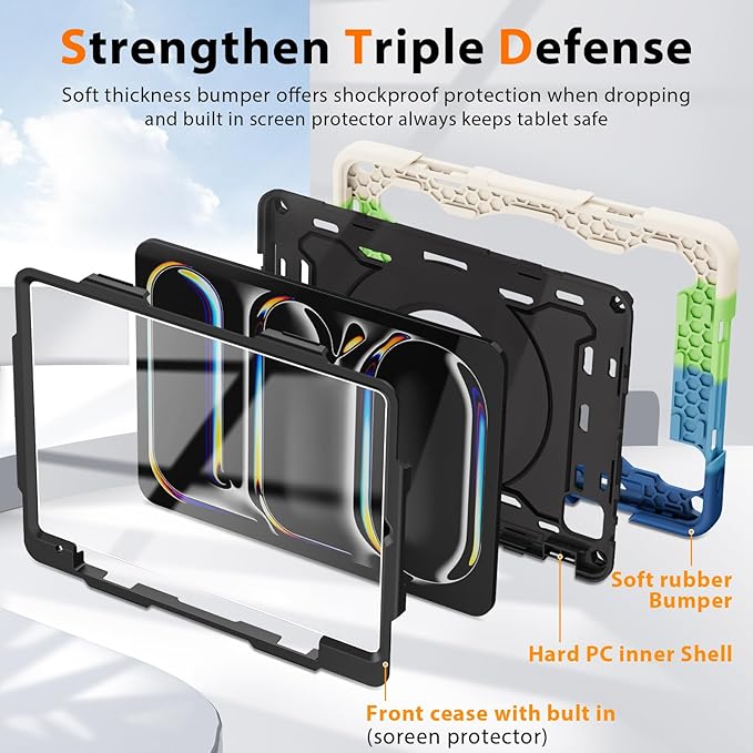 ROISKIN for iPad Pro 11 inch Case (M5/M4 (2025/2024)), Pro 11'' 6th/5th Gen -with HD Screen Protector, 360 Kickstand/Handle, Shoulder Strap, Pen Holder, Heavy Duty Military Grade - Kids Friendly
