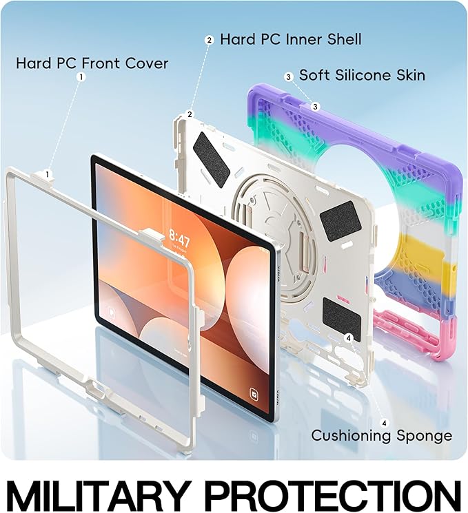 BRAECN for Samsung Galaxy Tab S10+ Plus/S9+/S9 FE + /S8+ Plus/S7 +Plus /S7 FE 12.4 Inch,Heavy Duty Shockproof Case with S Pen Holder&360 Rotating Hand Strap/Kickstand/Shoulder Strap -Rainbow