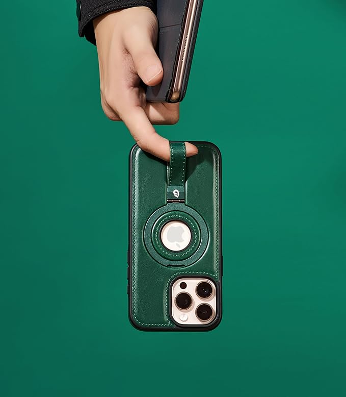 Butaiga for iPhone 15 Pro Leather Case with Stand, Anti-Slip Grip Ring, Fits for MagSafe (Green, iPhone 15 Pro)