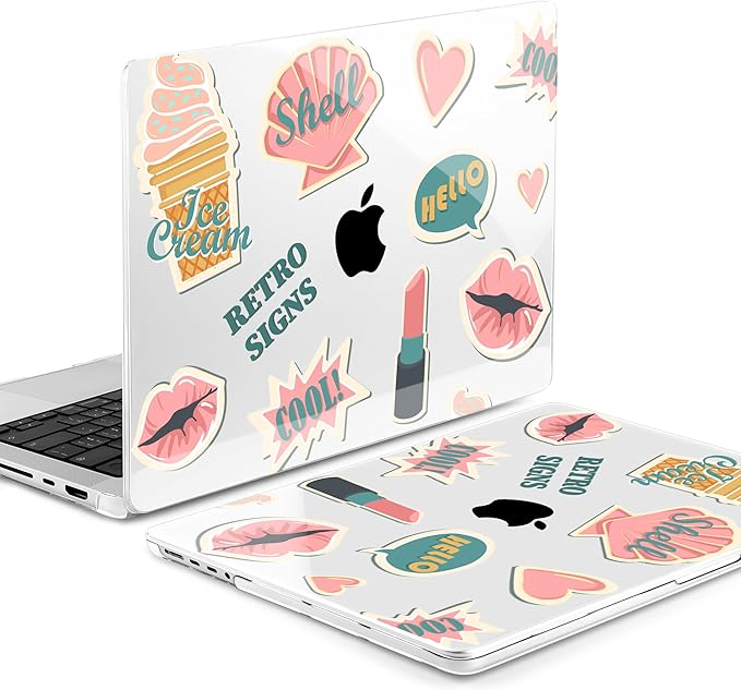 Batianda Case for New MacBook Pro 14 Inch M5 (2025 2026) & 2024 2023 Release [Model A3434 / A3112] - Ultra Slim 1.2mm Glossy Hard Shell Protective Skin Keyboard Cover 4-in-1 Bundle, Retro Stickers