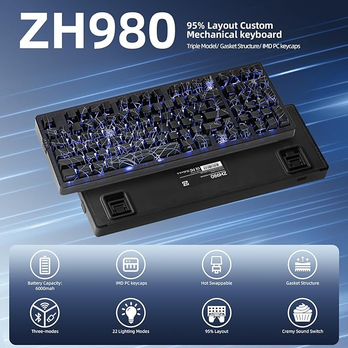 ZORNHER ZH980 Mechanical Keyboard Wireless,95% Creamy Keyboard with Number Pad,Gaming Keyboard with Number Pad,Shine Through Spider Web PC,Creamy Sounding Linear Switches,Full Size