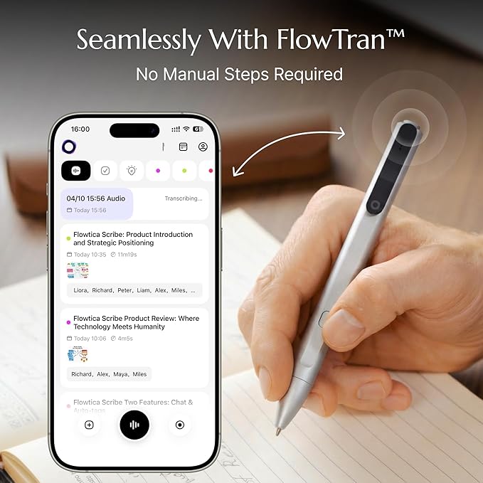 Flowtica Scribe AI Voice Recorder, App Control, Transcribe & Summarize, HiFi Audio with Noise Cancellation, Background Auto-Sync, Note Taker for Meetings & Lectures, Ultra-Slim, Charging Case Included