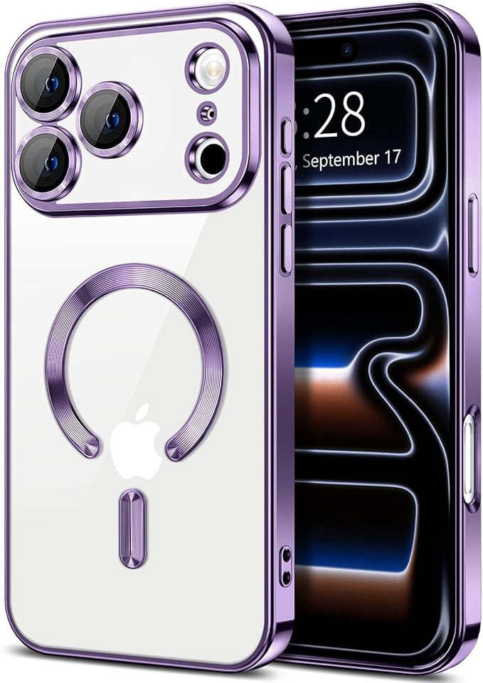 Hython Magnetic Clear for iPhone 17 Pro Case with Camera Lens Protector [Compatible with MagSafe] Luxury Plating Edge Slim Soft TPU Cover Protective Phone Case for iPhone 17 Pro 6.3", Deep Purple