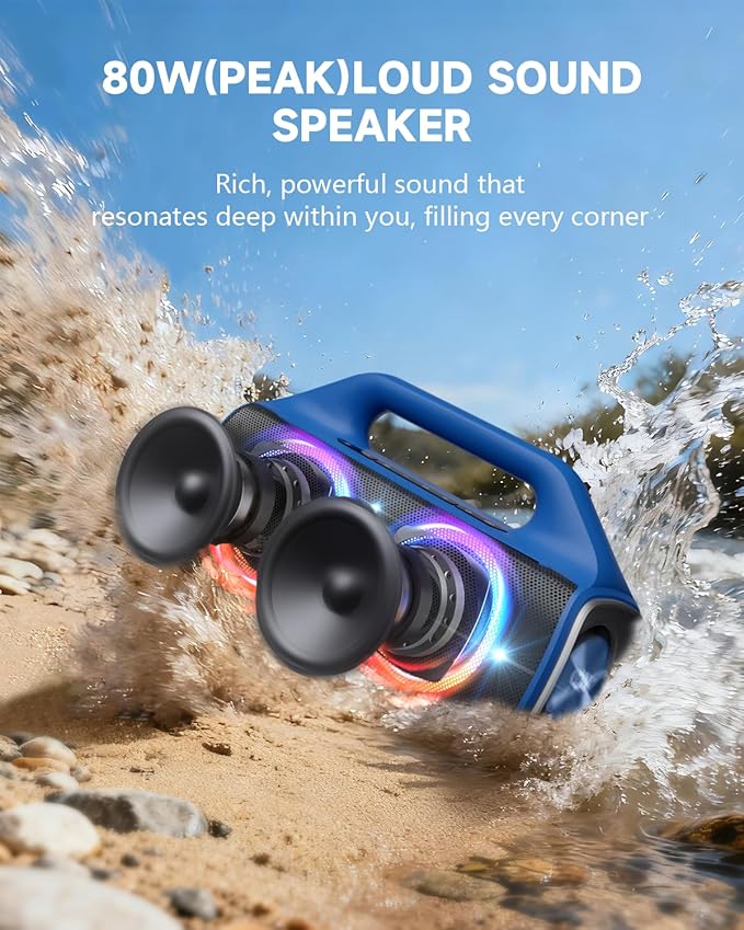 IPX67 Waterproof Bluetooth Speaker:80W(Peak) Loud Outdoor Portable Wireless Party Speakers with LED Lights,20H Playtime,Bluetooth 5.3,Deep Bass & TWS for Pool,Beach