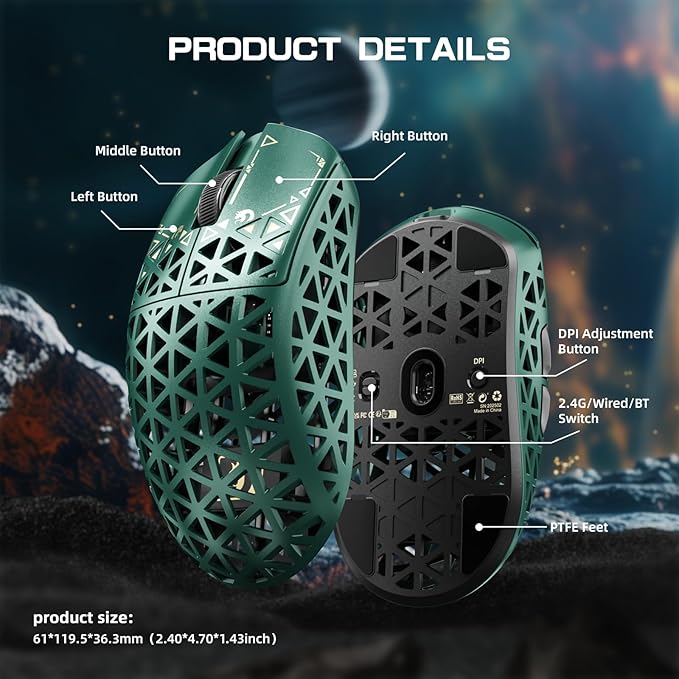 MAMBASNAKE M5 Ultra Carbon Fiber 8KHz Wireless Gaming Mouse,PAW3950MAX Sensor 42K DPI,39g Superlight Tri-Mode 2.4GHz/BT/Wired Computer Mice,Web Driver Support,for Win/Mac/FPS/MOBA/Esports-Green (B)