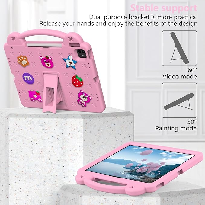 Kids Case for iPad Air 13 inch M3 2025/M2 2024 & iPad Pro 13 inch M4 2024 & iPad Pro 12.9 inch Cover 6th/5th/4th/3rd Generation (2022/2021/2020/2018) with Stand/Pencil Holder/Handle, Pink